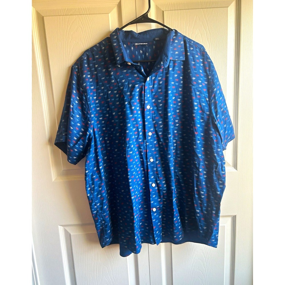 Cutter & Buck Men's XL Short Sleeve Button-Up Point Collar Geometric Blue